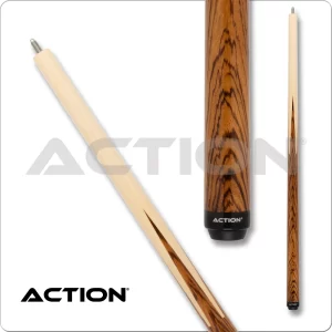 Tip : 13mm, 10 layered vacuum sealed proprietary boar skin tip Ferrule : 1" Fiber linen ferrule Shaft : 29" hard rock maple, 10 - 12" pro taper Pin : 5/16x18 Collar : No collar Forearm : Zebra wood handle and points Wrap : None Butt Sleeve : Zebrawood points Butt Plate : Black composite with silver Action logo Bumper : Black rubber Additional Information This cue is weight changeable This cue does not come with joint protectors. This cue does not come with an extension. This cue does not come with a case. Warranty : 1 Year Manufactures