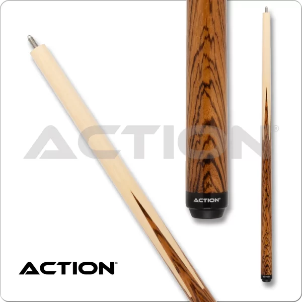 Tip : 13mm, 10 layered vacuum sealed proprietary boar skin tip Ferrule : 1" Fiber linen ferrule Shaft : 29" hard rock maple, 10 - 12" pro taper Pin : 5/16x18 Collar : No collar Forearm : Zebra wood handle and points Wrap : None Butt Sleeve : Zebrawood points Butt Plate : Black composite with silver Action logo Bumper : Black rubber Additional Information This cue is weight changeable This cue does not come with joint protectors. This cue does not come with an extension. This cue does not come with a case. Warranty : 1 Year Manufactures